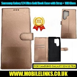 Samsung Galaxy S24 Ultra Gold Book Case with Strap + 10D Tempered Glass